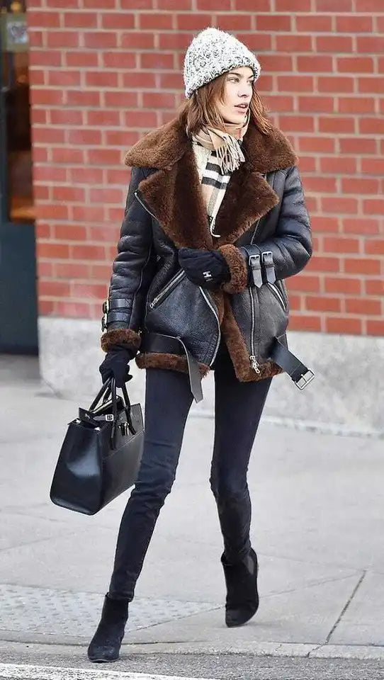 Nordic Ember – Women's Black Sheepskin Leather Winter Coat with Brown Fur Lining Luxequir Vogue