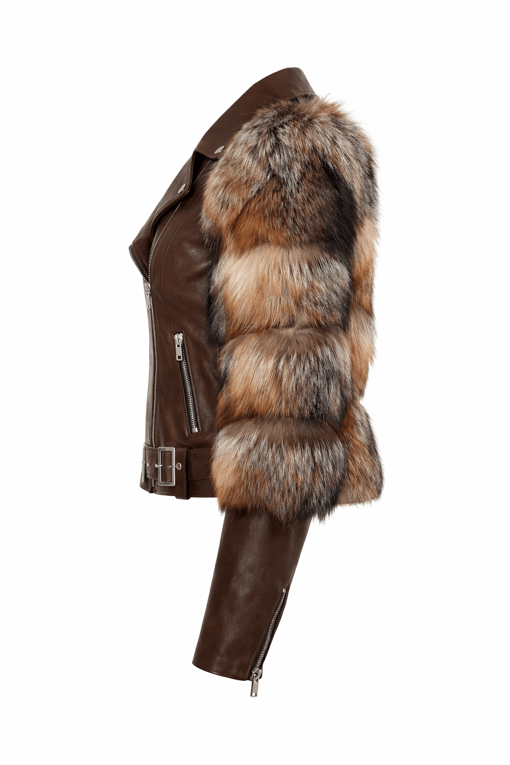 Brown leather jacket with fur trim on a white background