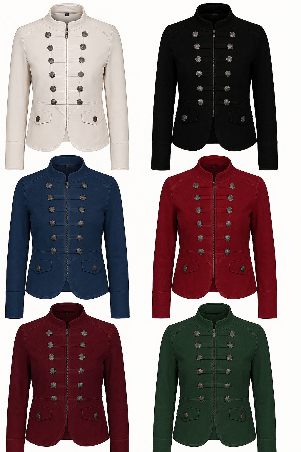 Set of six jackets in different colors on a white background