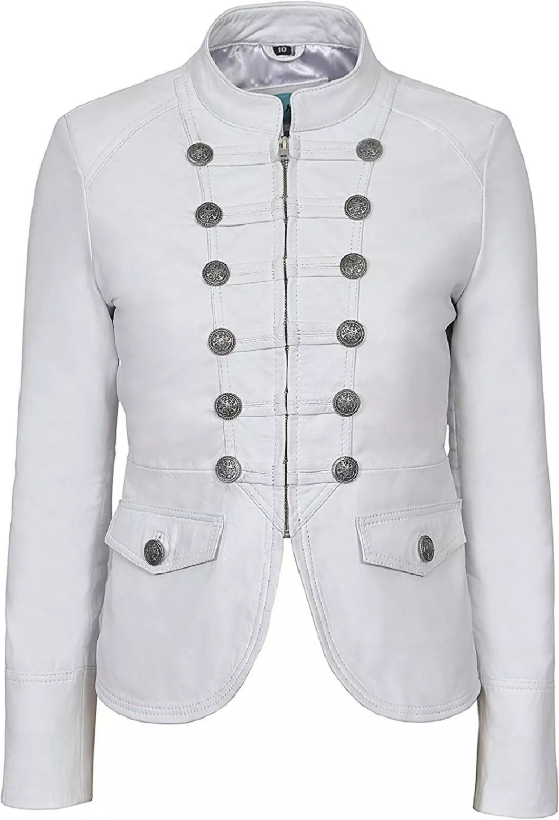 White jacket with button details on a white background