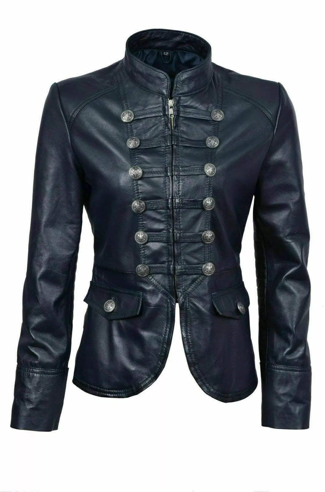 Black leather jacket with button details on a white background
