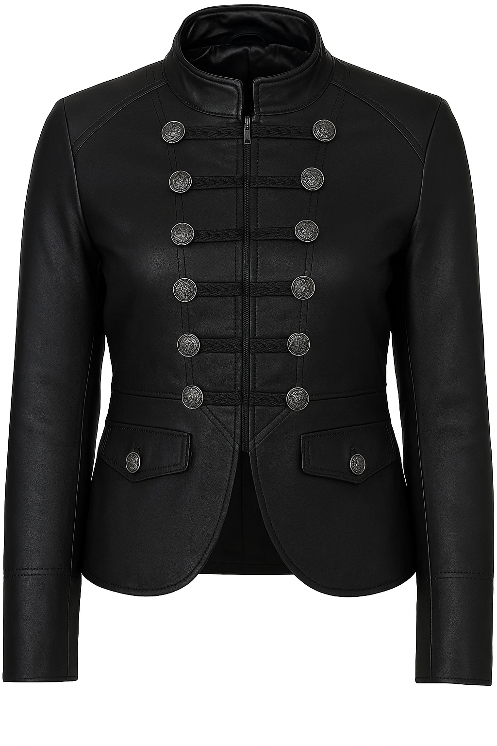 Black leather jacket with button details on a white background