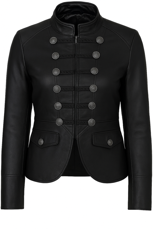 Black leather jacket with button details on a white background