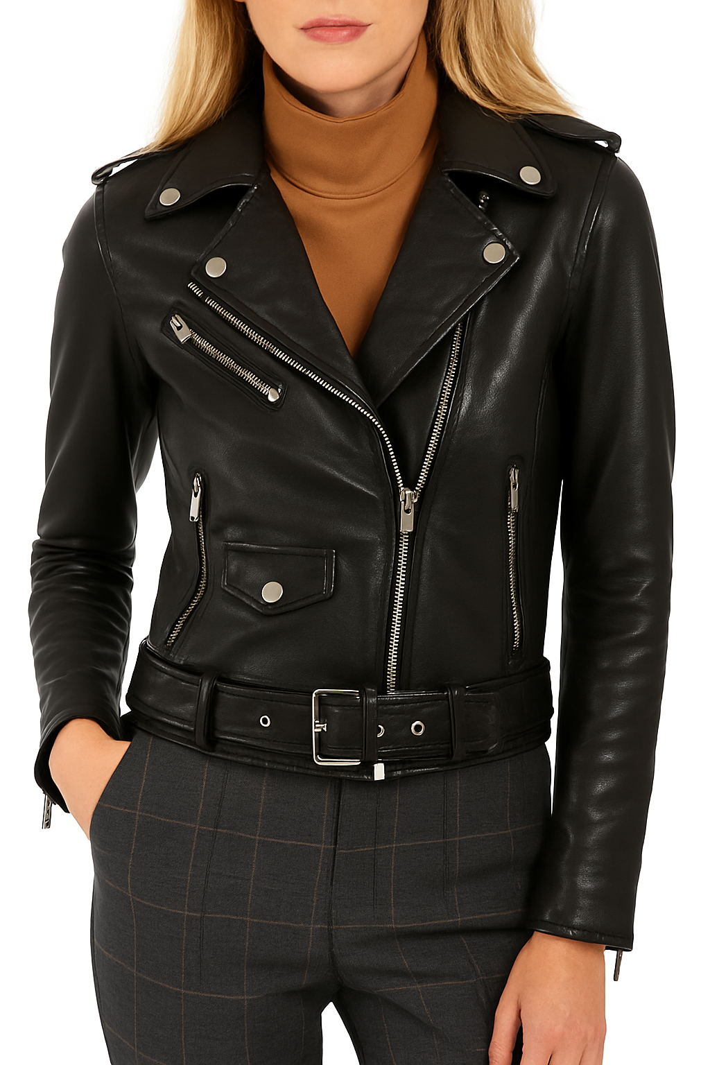 front view showcasing silver hardware and zippered cuff detail