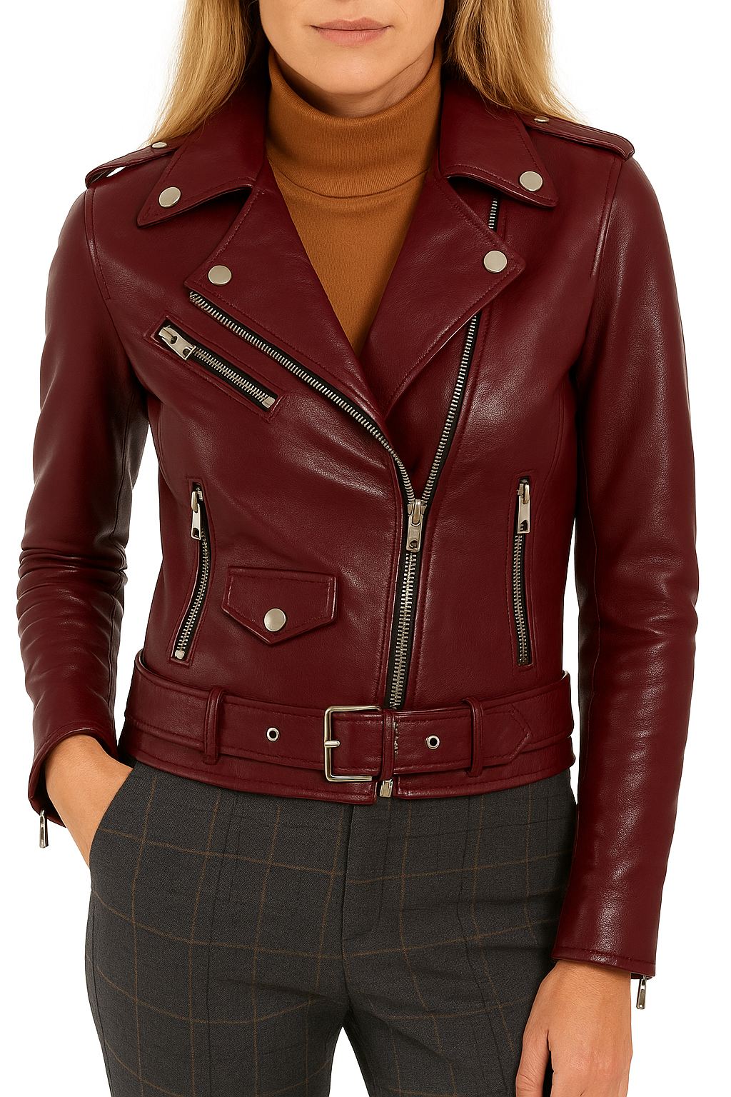 Front view of woman in chocolate brown lambskin biker jacket with belted waist