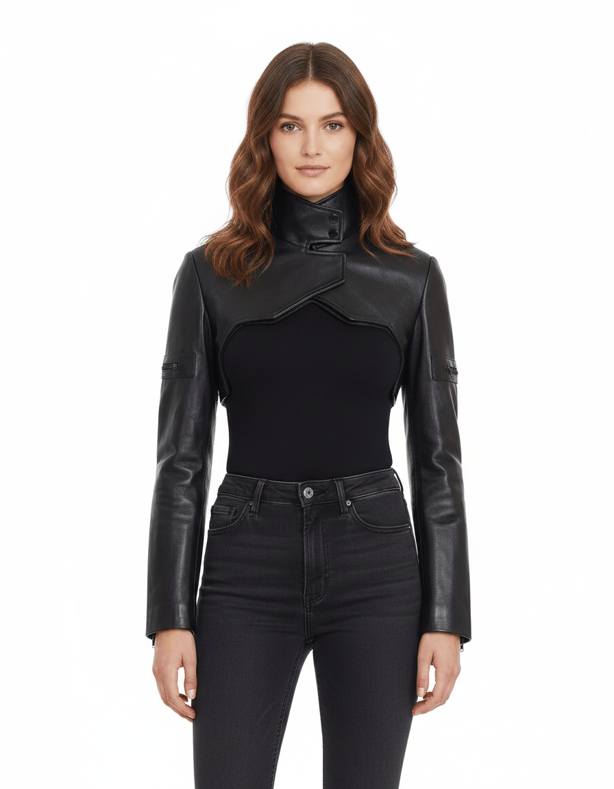 Woman wearing a black leather jacket and black pants on a white background