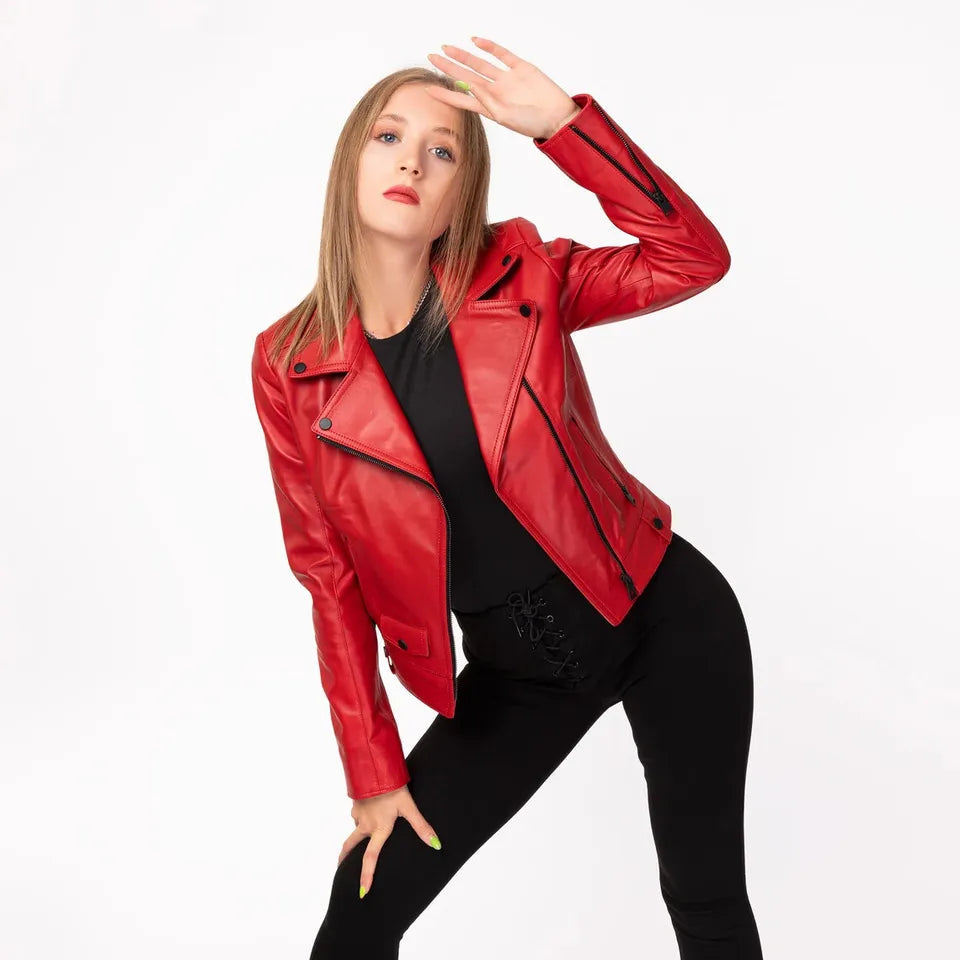 Luxequir Collection Women's Red Leather Biker Jacket – 100% Real Lambskin Motor Jacket Luxequir Vogue