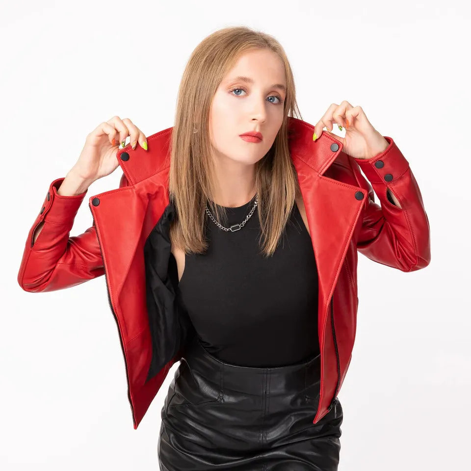 Luxequir Collection Women's Red Leather Biker Jacket – 100% Real Lambskin Motor Jacket Luxequir Vogue