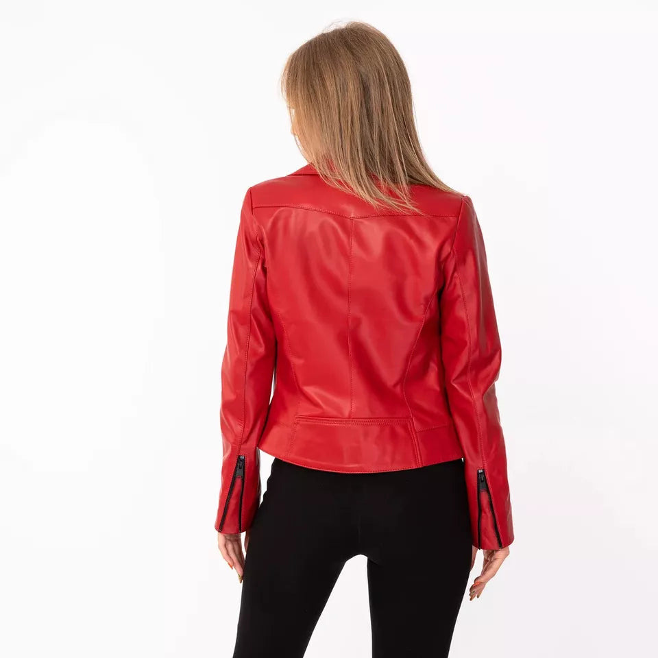 Luxequir Collection Women's Red Leather Biker Jacket – 100% Real Lambskin Motor Jacket Luxequir Vogue
