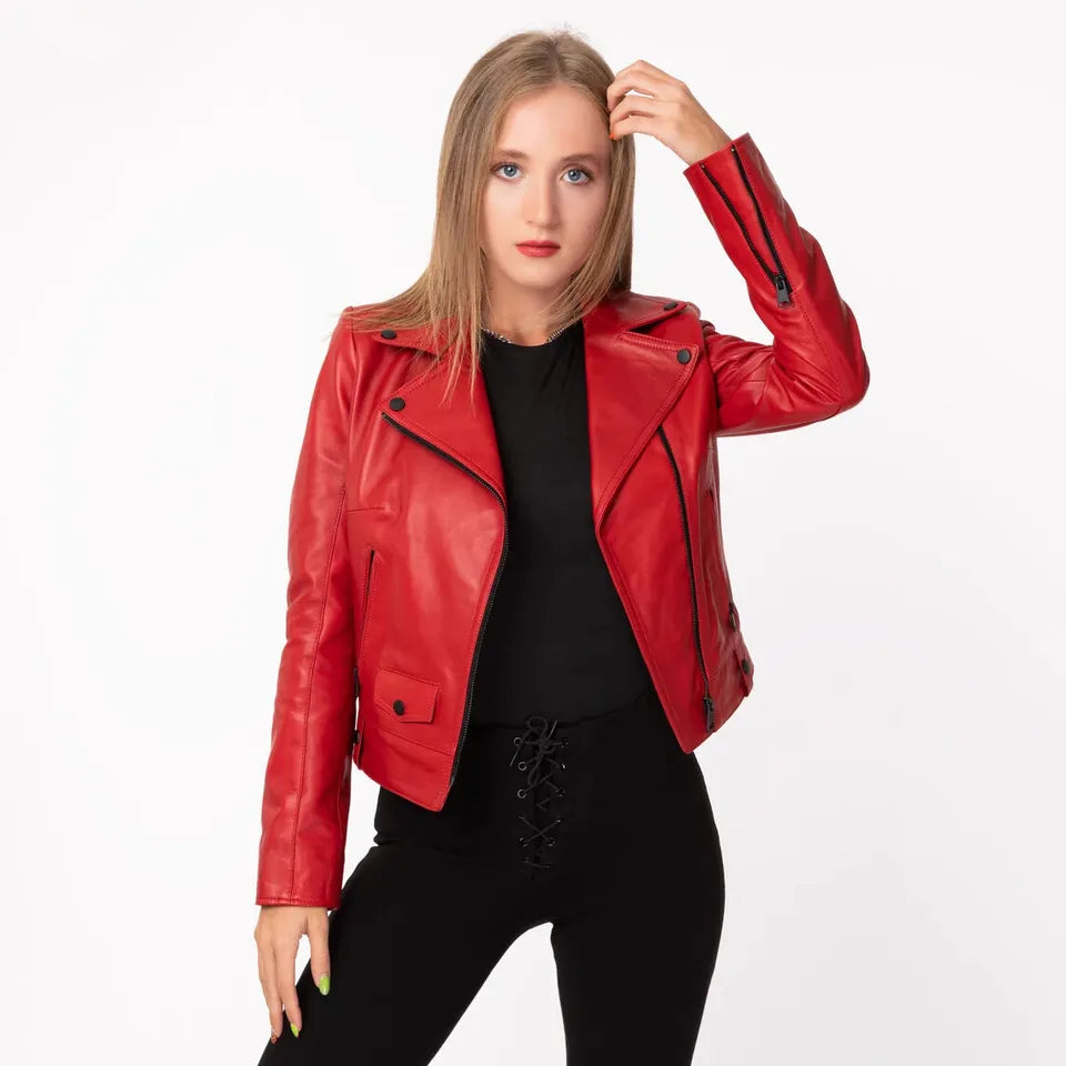 Luxequir Collection Women's Red Leather Biker Jacket – 100% Real Lambskin Motor Jacket Luxequir Vogue