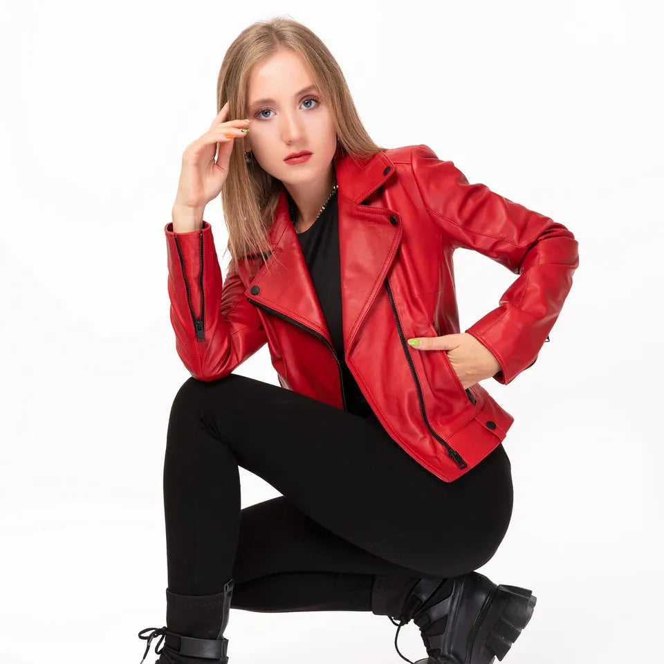 Luxequir Collection Women's Red Leather Biker Jacket – 100% Real Lambskin Motor Jacket Luxequir Vogue