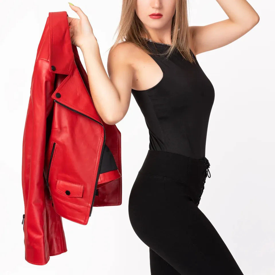 Luxequir Collection Women's Red Leather Biker Jacket – 100% Real Lambskin Motor Jacket Luxequir Vogue