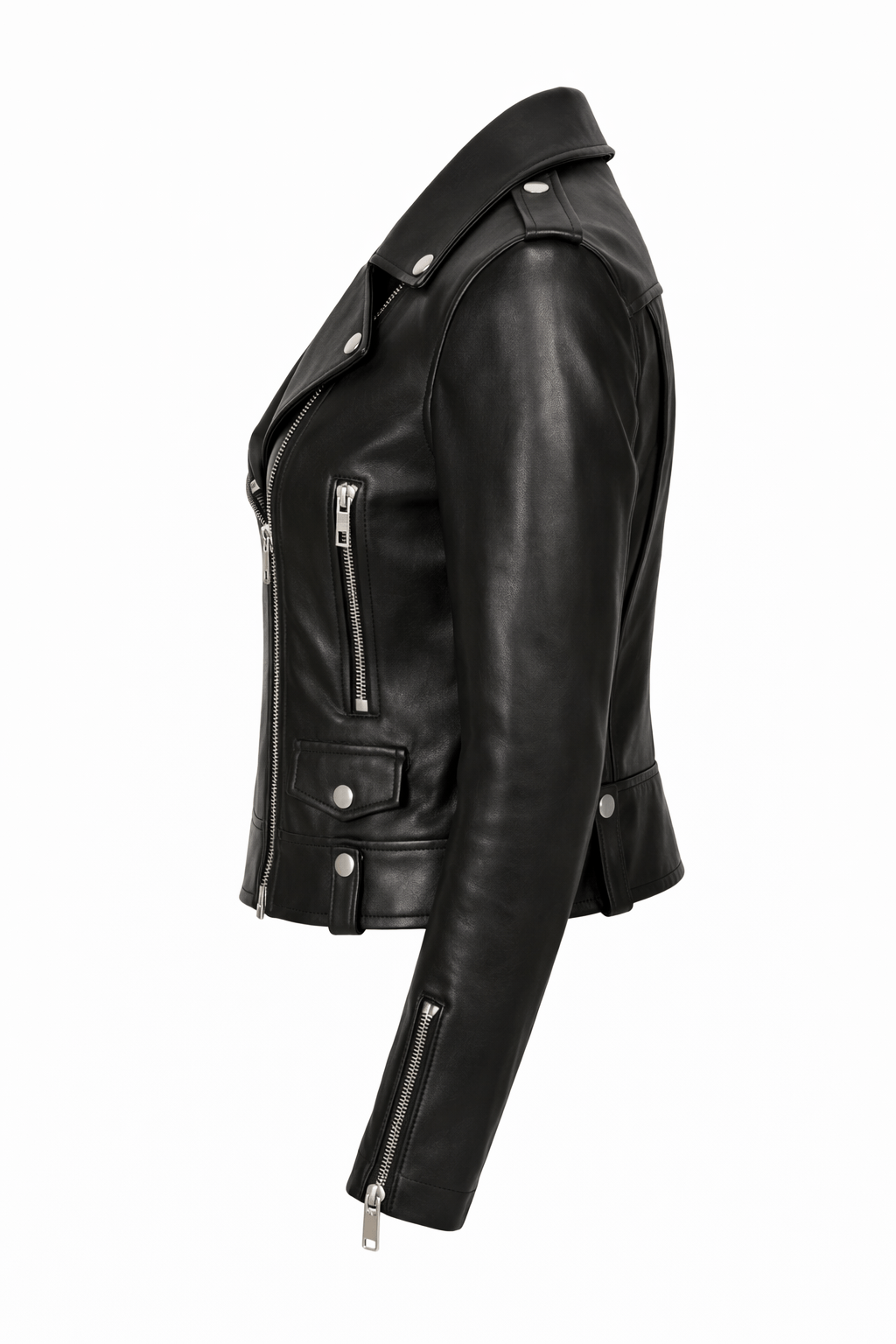 Black leather jacket with zippers on a white background
