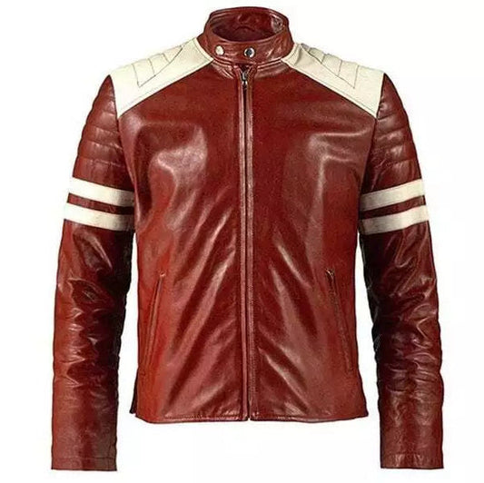 Velocity Crest – Men’s Red & White Retro Moto Leather Jacket Luxequir Vogue