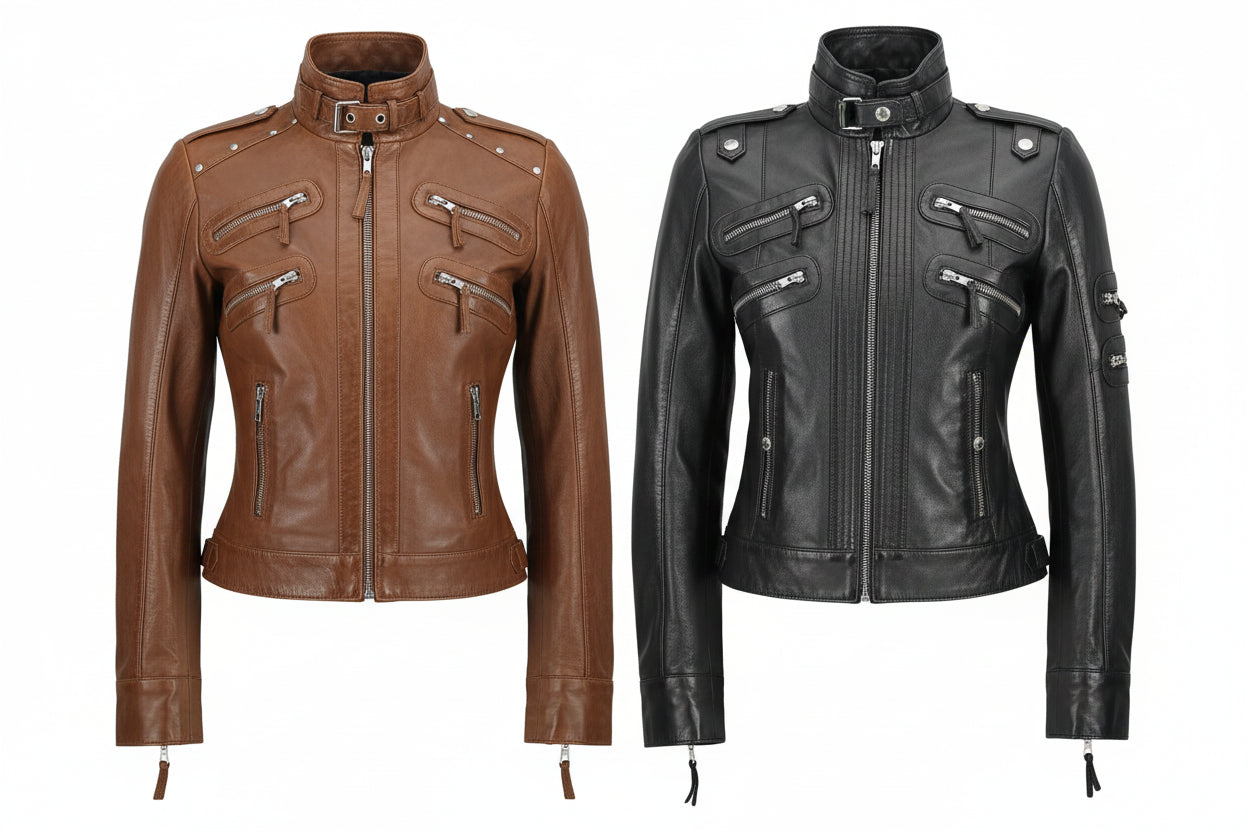 Ladies Real Leather Biker Jacket - Slim Fit Soft Zip Style for Women Luxequir Vogue