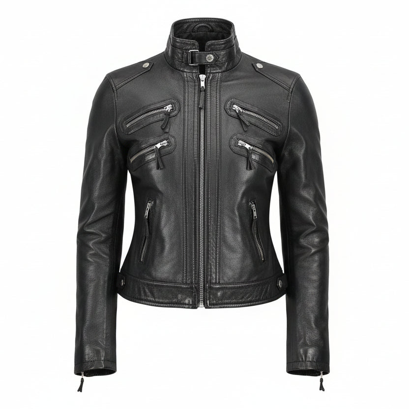 Ladies Real Leather Biker Jacket - Slim Fit Soft Zip Style for Women Luxequir Vogue