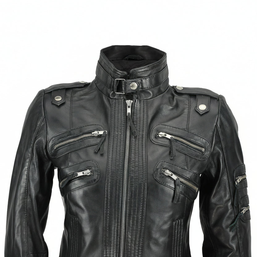 Ladies Real Leather Biker Jacket - Slim Fit Soft Zip Style for Women Luxequir Vogue