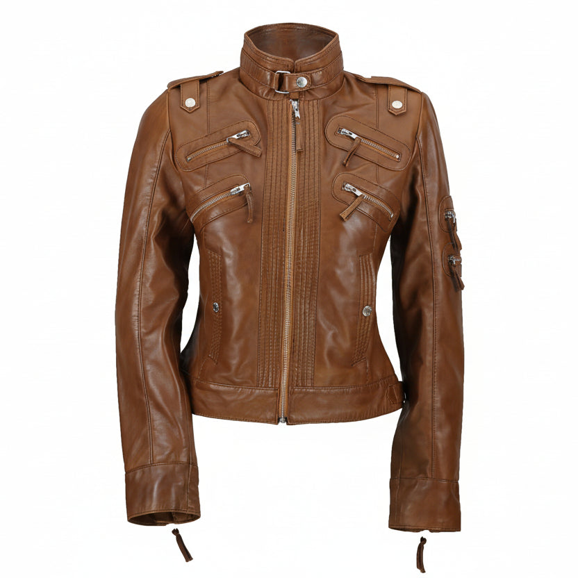 Ladies Real Leather Biker Jacket - Slim Fit Soft Zip Style for Women Luxequir Vogue