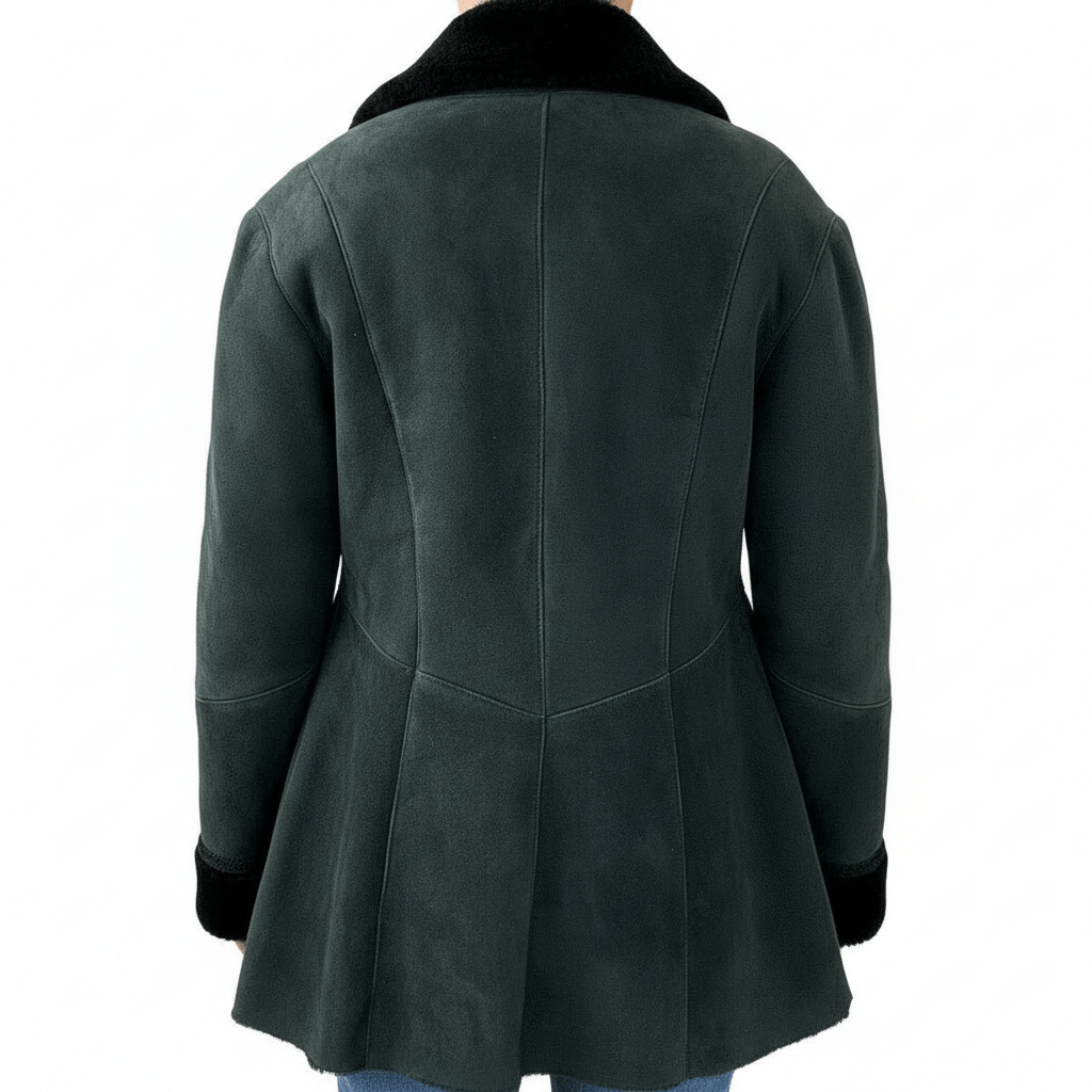 Green leather coat with black fur collar on a white background