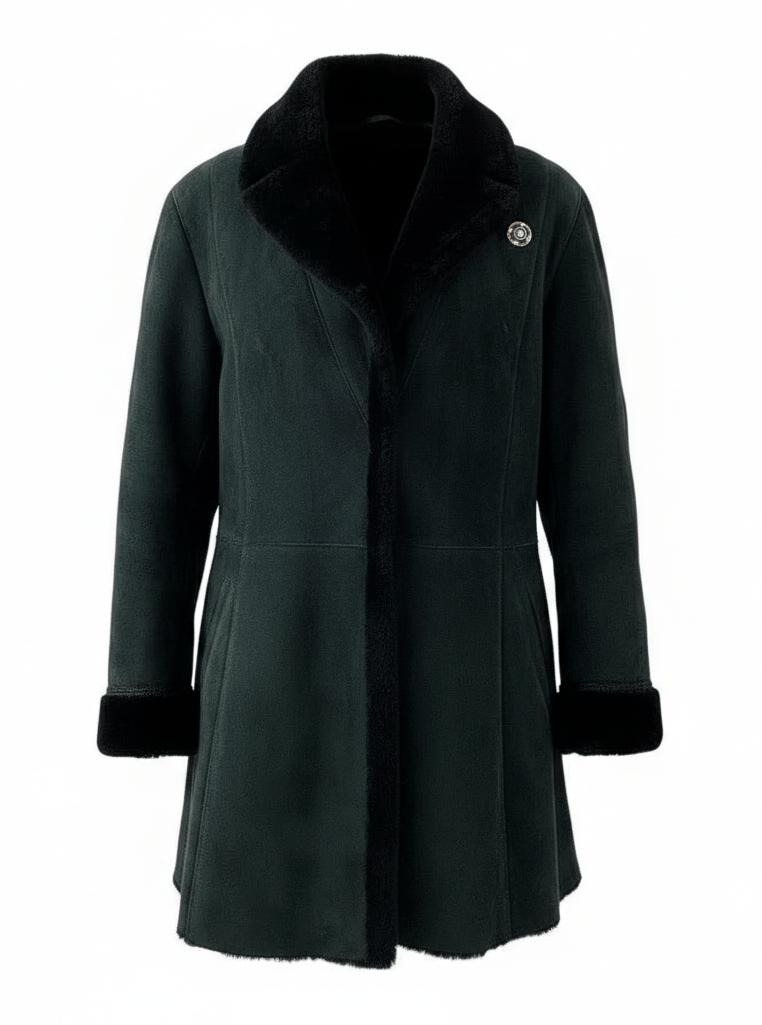 Dark green coat with black fur collar on a white background