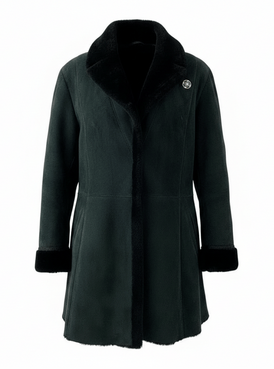 Dark green coat with black fur collar on a white background