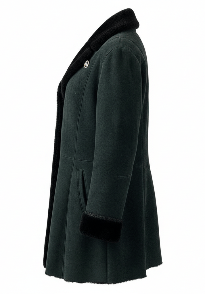 Dark green coat with black collar on a white background