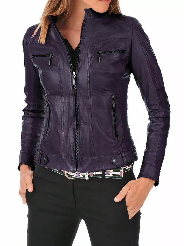 Woman wearing fitted purple leather biker jacket with eco-safe zippers and slim silhouette – Luxequir Vogue Violet Raze