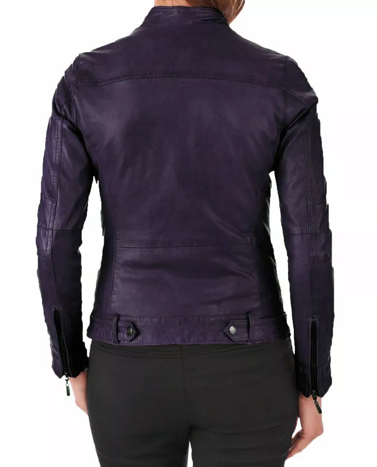 Back view of deep purple sustainable leather biker jacket with adjustable waist tabs – Luxequir Vogue Violet Raze