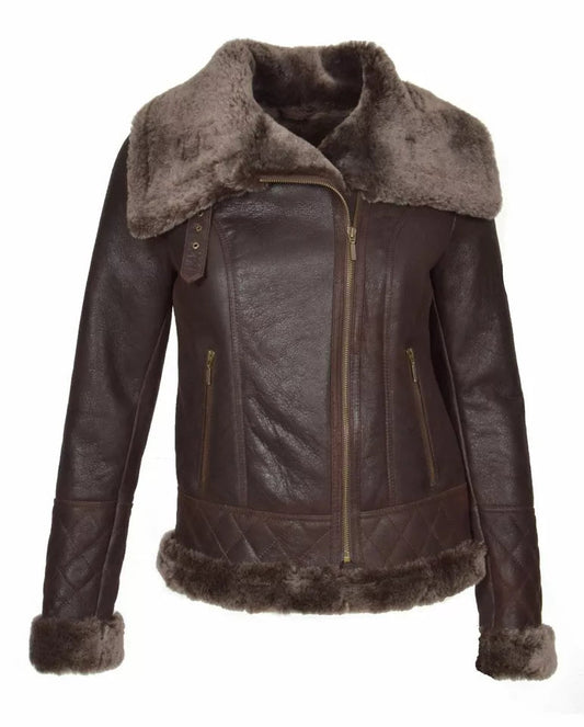 Luxequir-Collection Women Brown Genuine Lambskin Leather Jacket Bomber Fur Collar Coat Luxequir Vogue