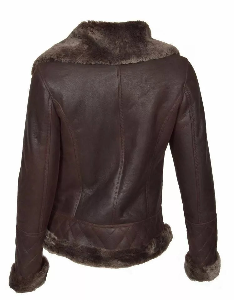 Luxequir-Collection Women Brown Genuine Lambskin Leather Jacket Bomber Fur Collar Coat Luxequir Vogue