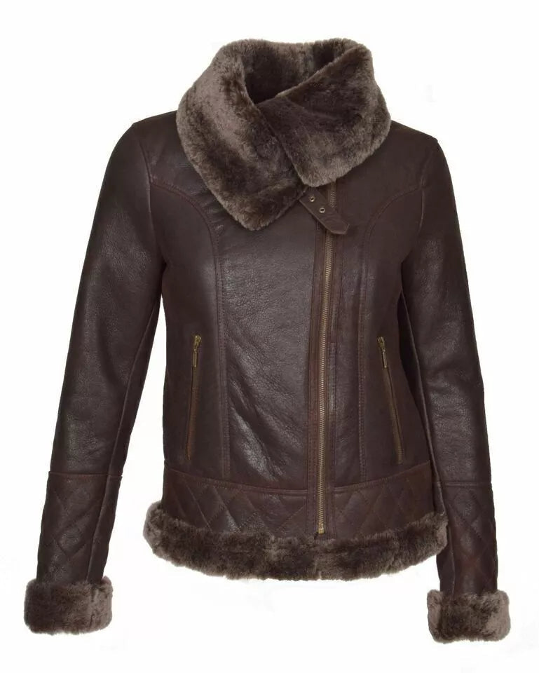Luxequir-Collection Women Brown Genuine Lambskin Leather Jacket Bomber Fur Collar Coat Luxequir Vogue