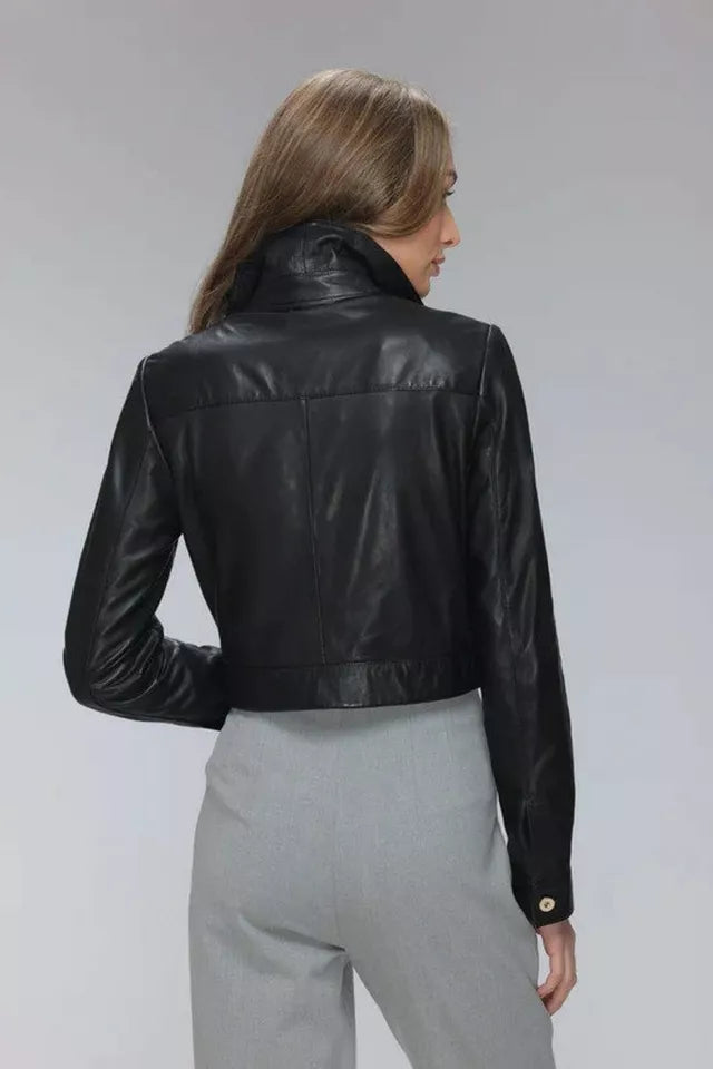Luxequir-Collection Women Cropped Leather Jacket Women Casual Wear Genuine Black Leather Jacket Luxequir Vogue