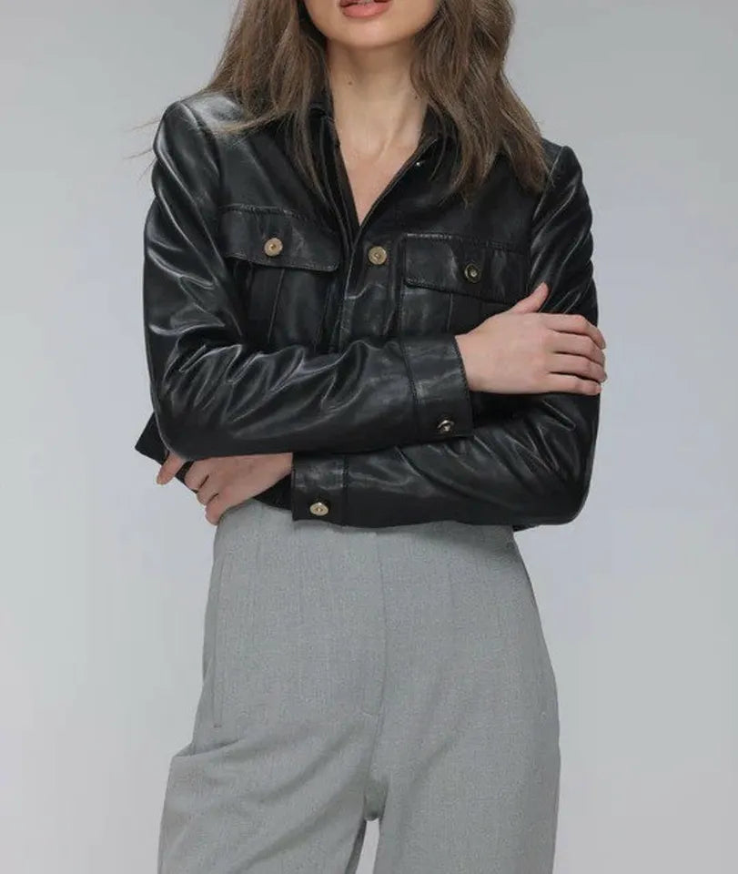 Luxequir-Collection Women Cropped Leather Jacket Women Casual Wear Genuine Black Leather Jacket Luxequir Vogue