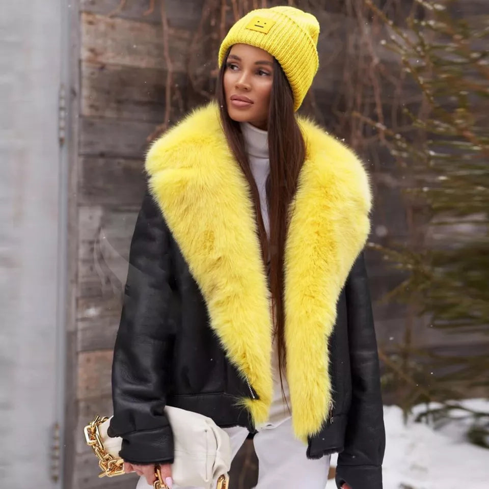 Frost Monarch – Women’s Shearling Leather Coat with Arctic Fox Fur Hood Luxequir Vogue