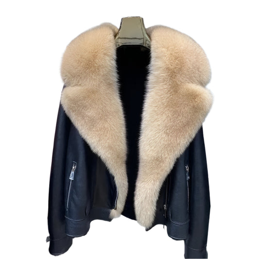 Frost Monarch – Women’s Shearling Leather Coat with Arctic Fox Fur Hood Luxequir Vogue