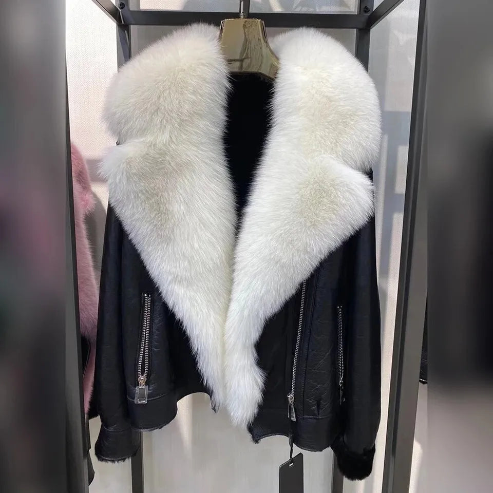 Frost Monarch – Women’s Shearling Leather Coat with Arctic Fox Fur Hood Luxequir Vogue