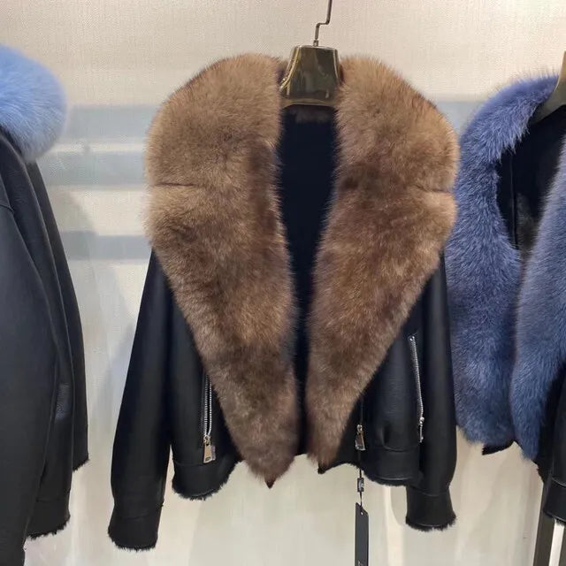 Frost Monarch – Women’s Shearling Leather Coat with Arctic Fox Fur Hood Luxequir Vogue