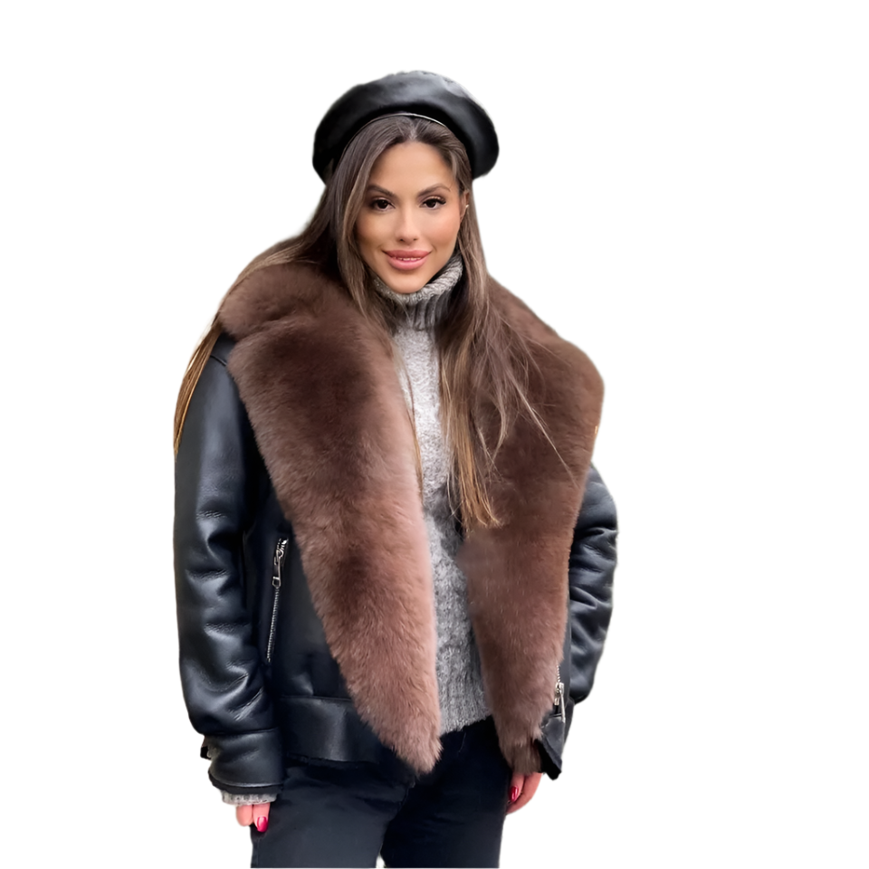 Frost Monarch – Women’s Shearling Leather Coat with Arctic Fox Fur Hood Luxequir Vogue