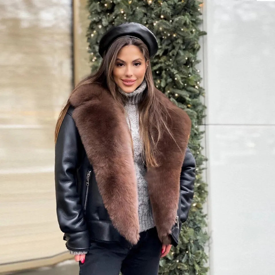 Frost Monarch – Women’s Shearling Leather Coat with Arctic Fox Fur Hood Luxequir Vogue