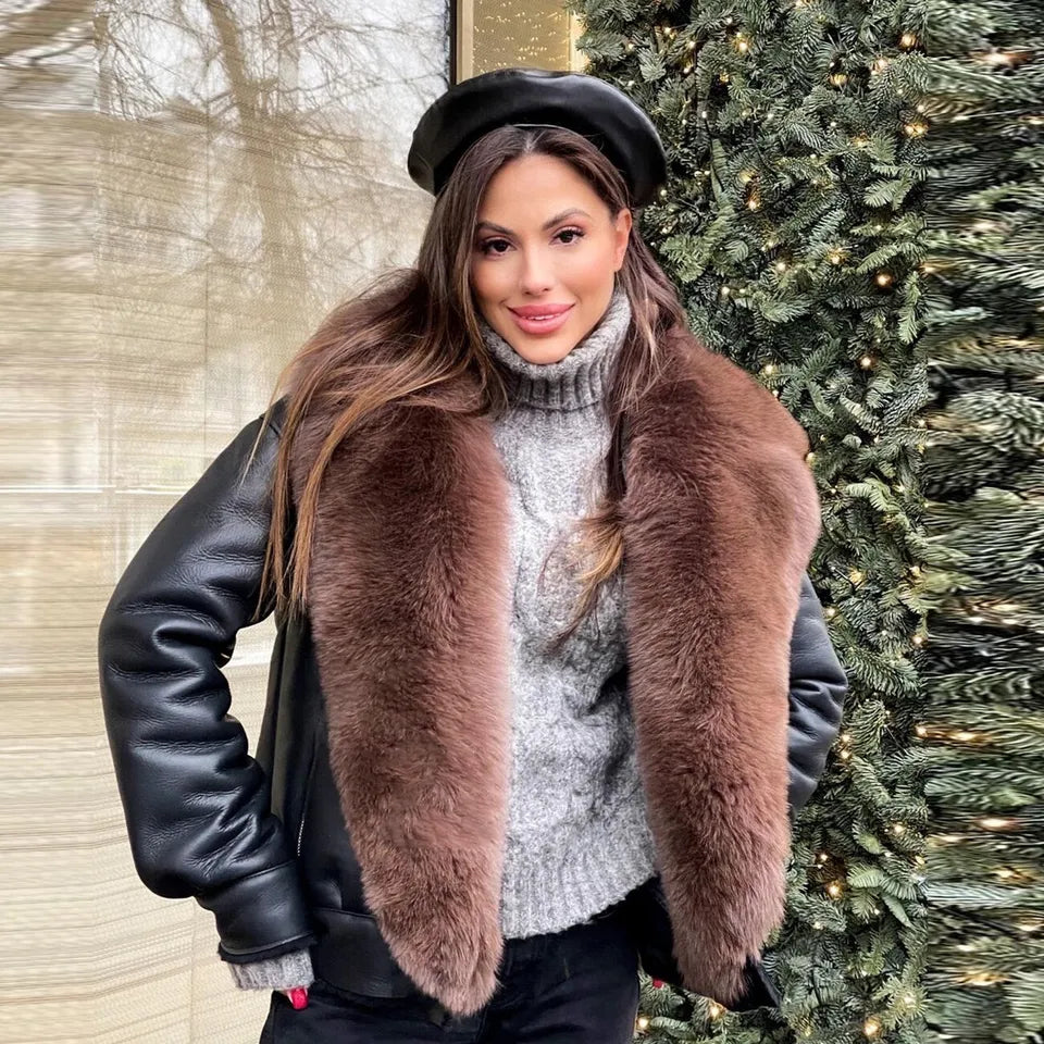 Frost Monarch – Women’s Shearling Leather Coat with Arctic Fox Fur Hood Luxequir Vogue