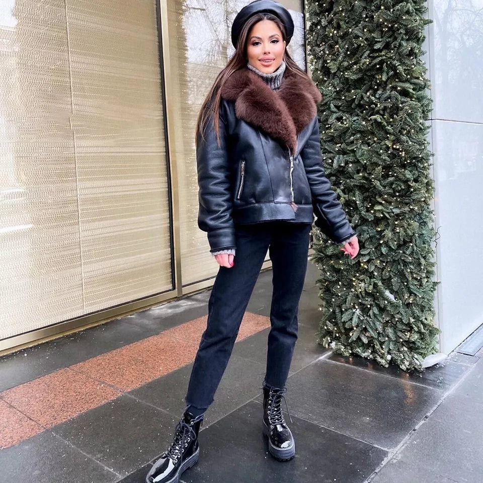 Frost Monarch – Women’s Shearling Leather Coat with Arctic Fox Fur Hood Luxequir Vogue