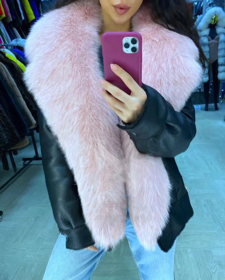 Frost Monarch – Women’s Shearling Leather Coat with Arctic Fox Fur Hood Luxequir Vogue