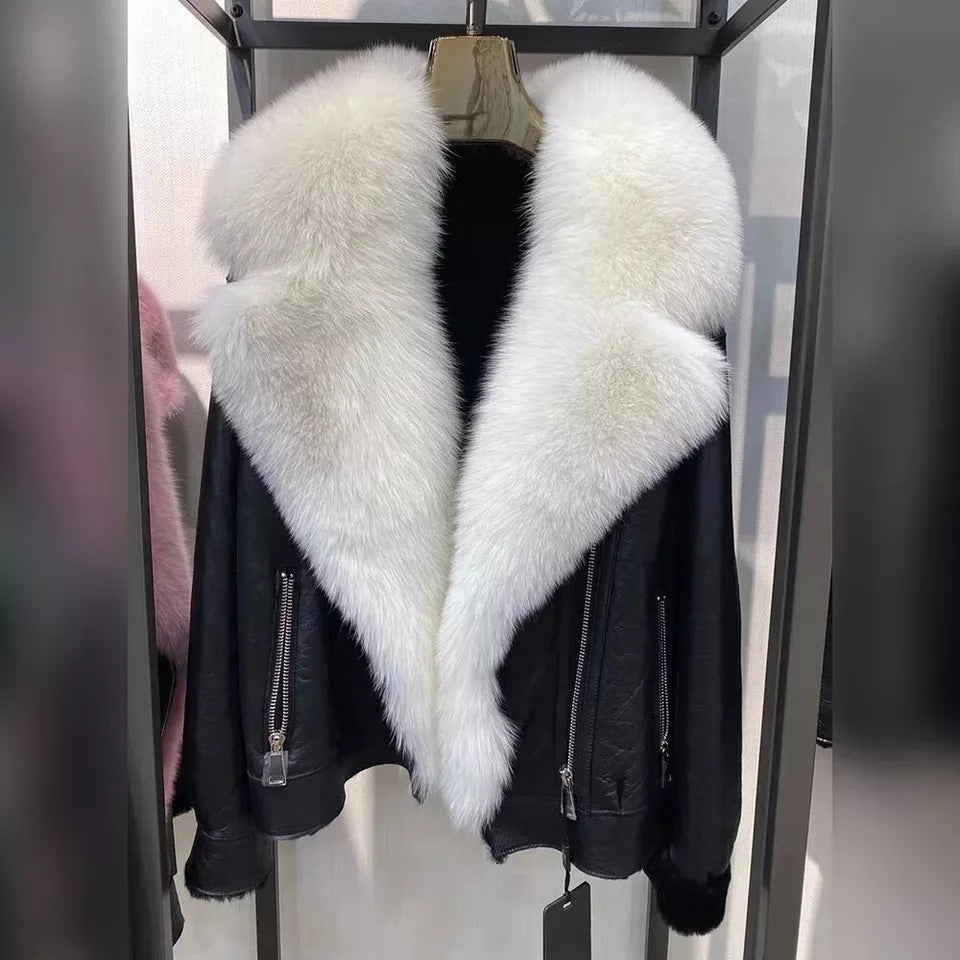 Frost Monarch – Women’s Shearling Leather Coat with Arctic Fox Fur Hood Luxequir Vogue
