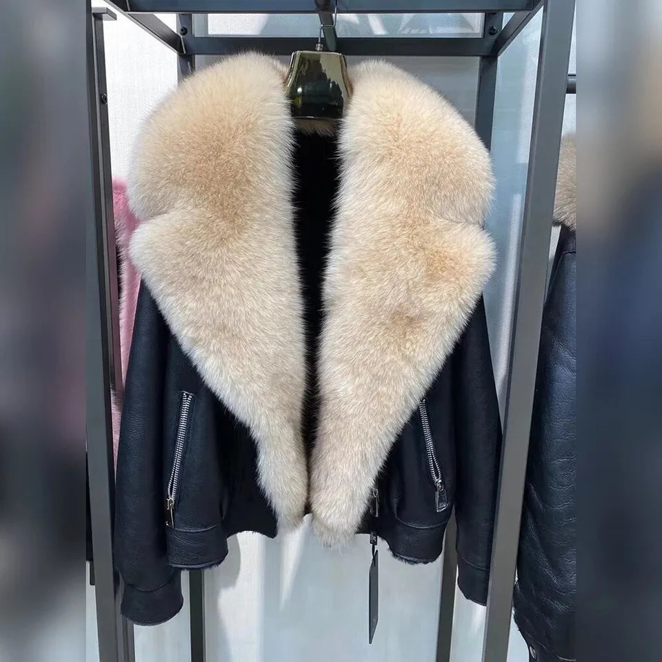 Frost Monarch – Women’s Shearling Leather Coat with Arctic Fox Fur Hood Luxequir Vogue