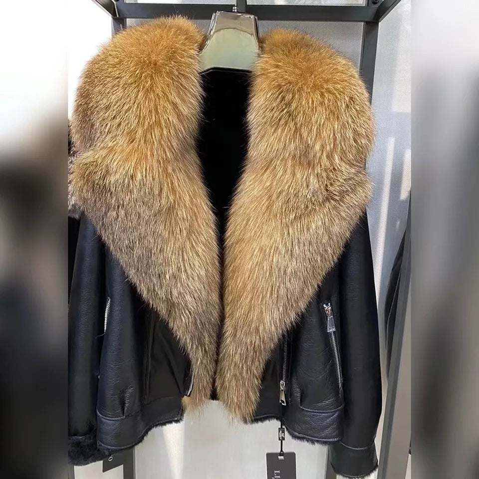 Frost Monarch – Women’s Shearling Leather Coat with Arctic Fox Fur Hood Luxequir Vogue