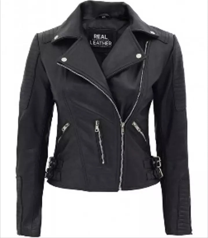 Luxequir-Collection Women's Biker Jacket Slim Black 100% Real Leather Zip Slim Fit Outwear Luxequir Vogue