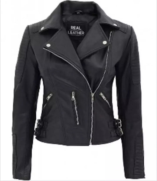 Luxequir-Collection Women's Biker Jacket Slim Black 100% Real Leather Zip Slim Fit Outwear Luxequir Vogue