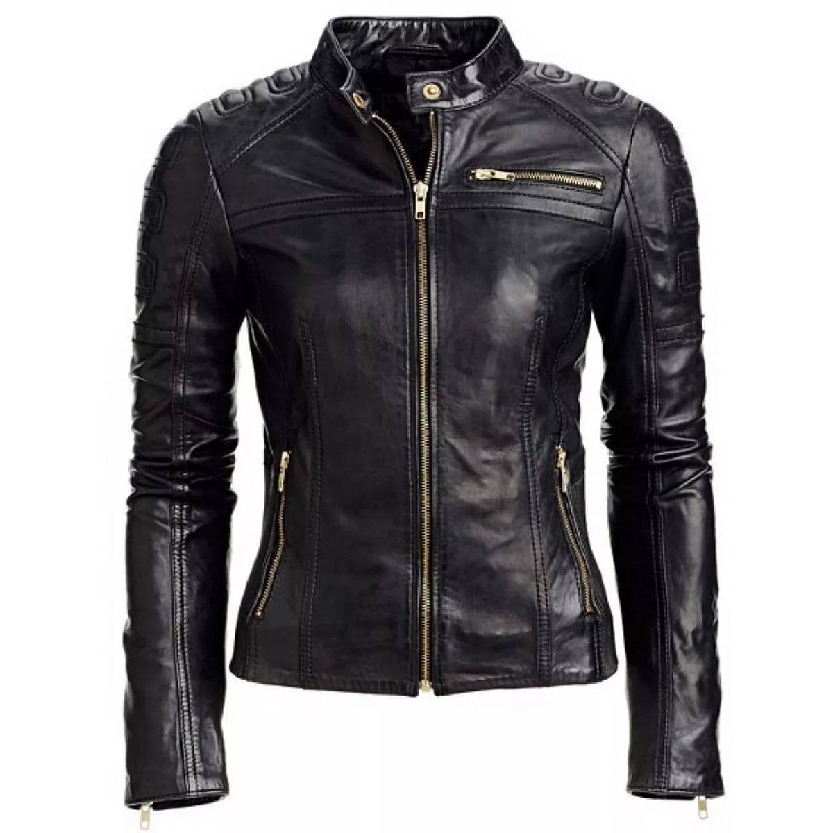 Black leather jacket with gold zipper details on a white background