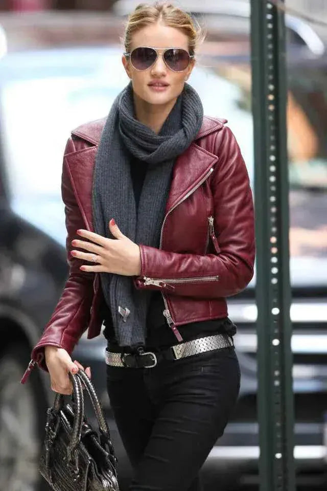 Burgundy Bold – Women's Real Lambskin Leather Moto Jacket
