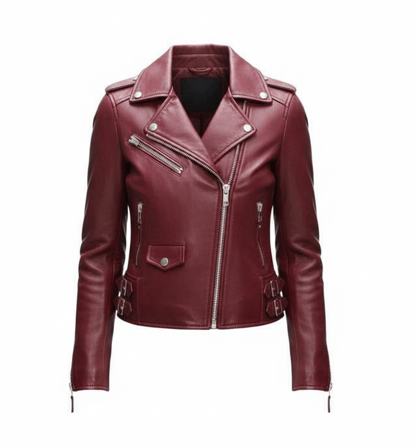 Maroon leather jacket on a white background